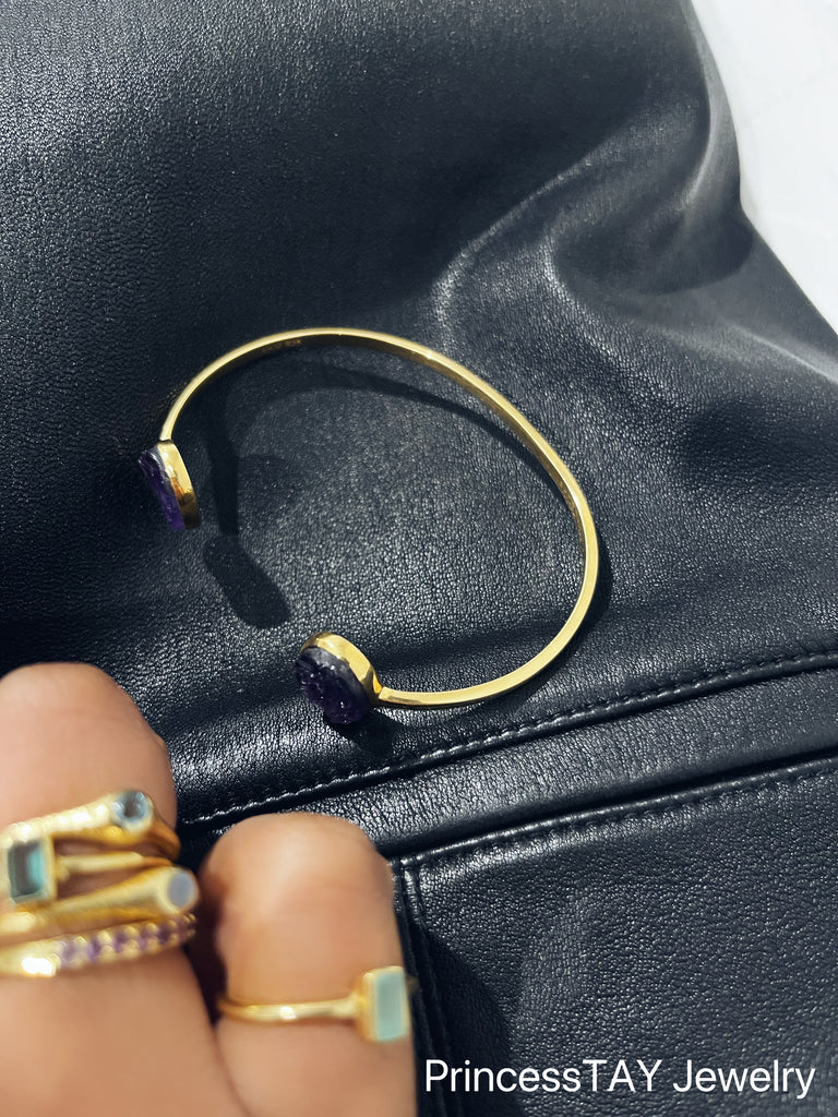 14 Karat Gold Dipped Rough Cut Amethyst Split Bangle