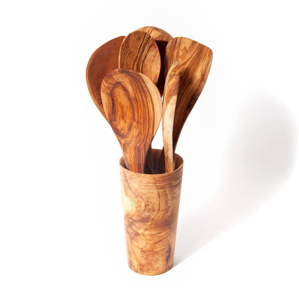 Olive Wood 7 Piece Utensil Set with Holder